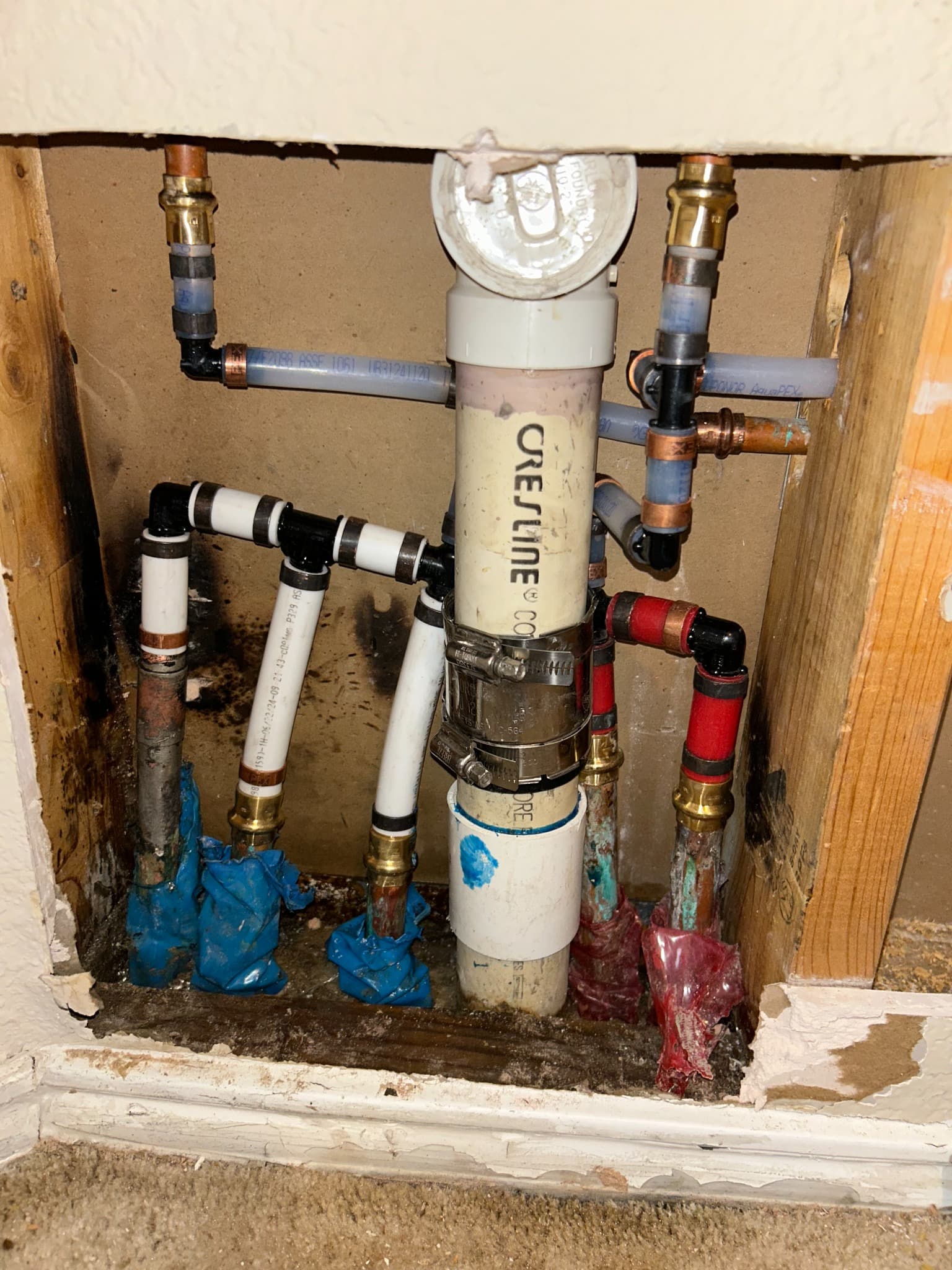 Water lines inside a wall after plumbing repair